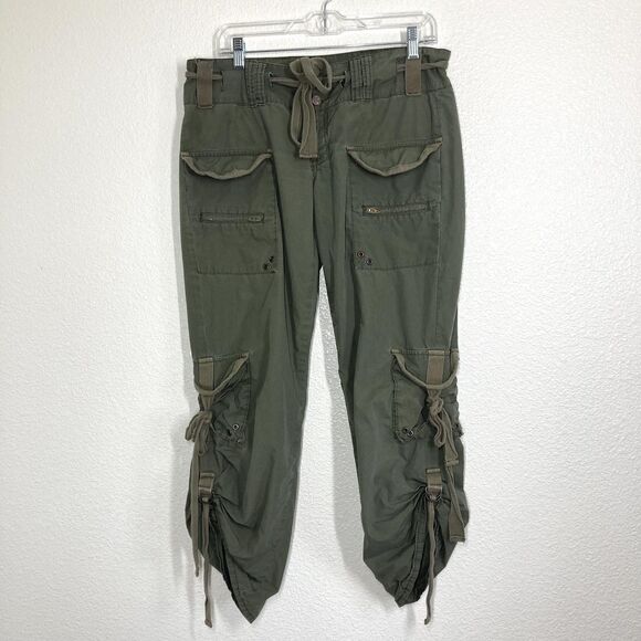 See Thru Soul Cargo Pants Womens 29 Green Utility Drawstring Cotton Pockets Y2k - Picture 1 of 16